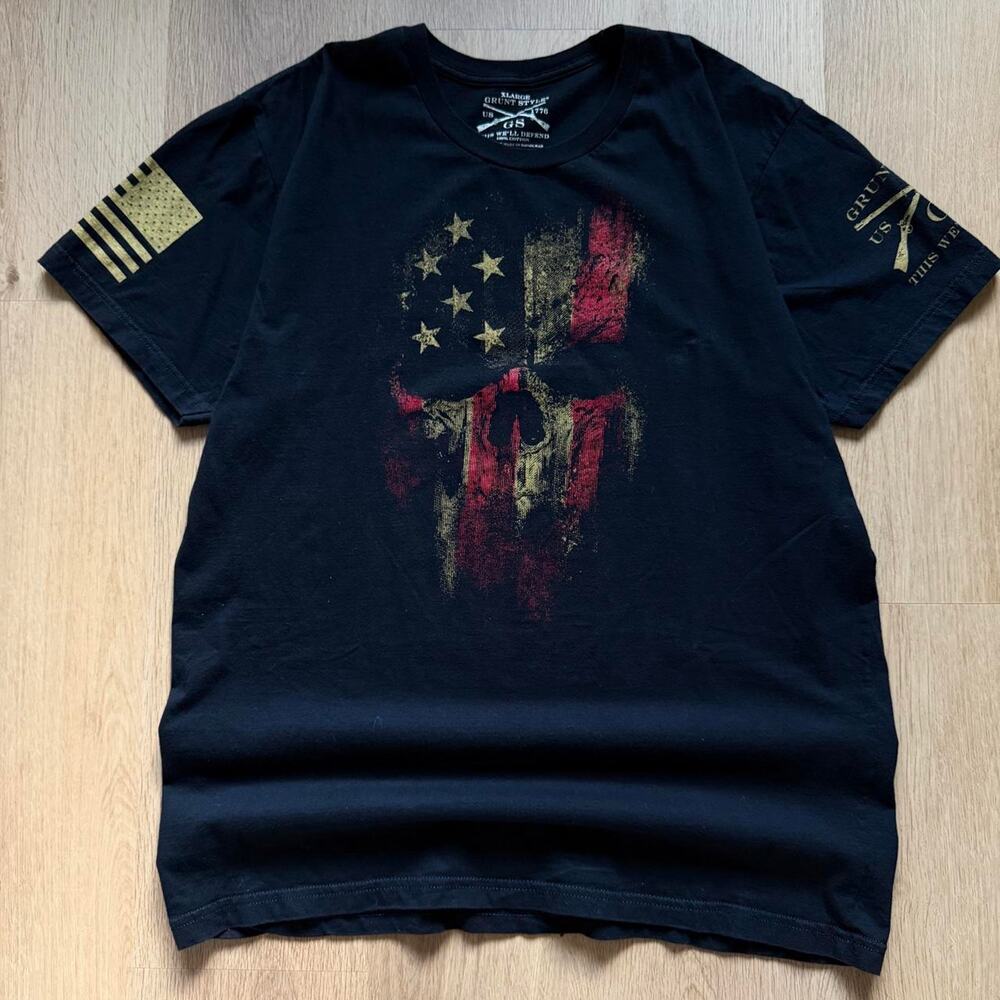 Grunt Style Skull Graphic T-Shirt US Flag Black Size XL